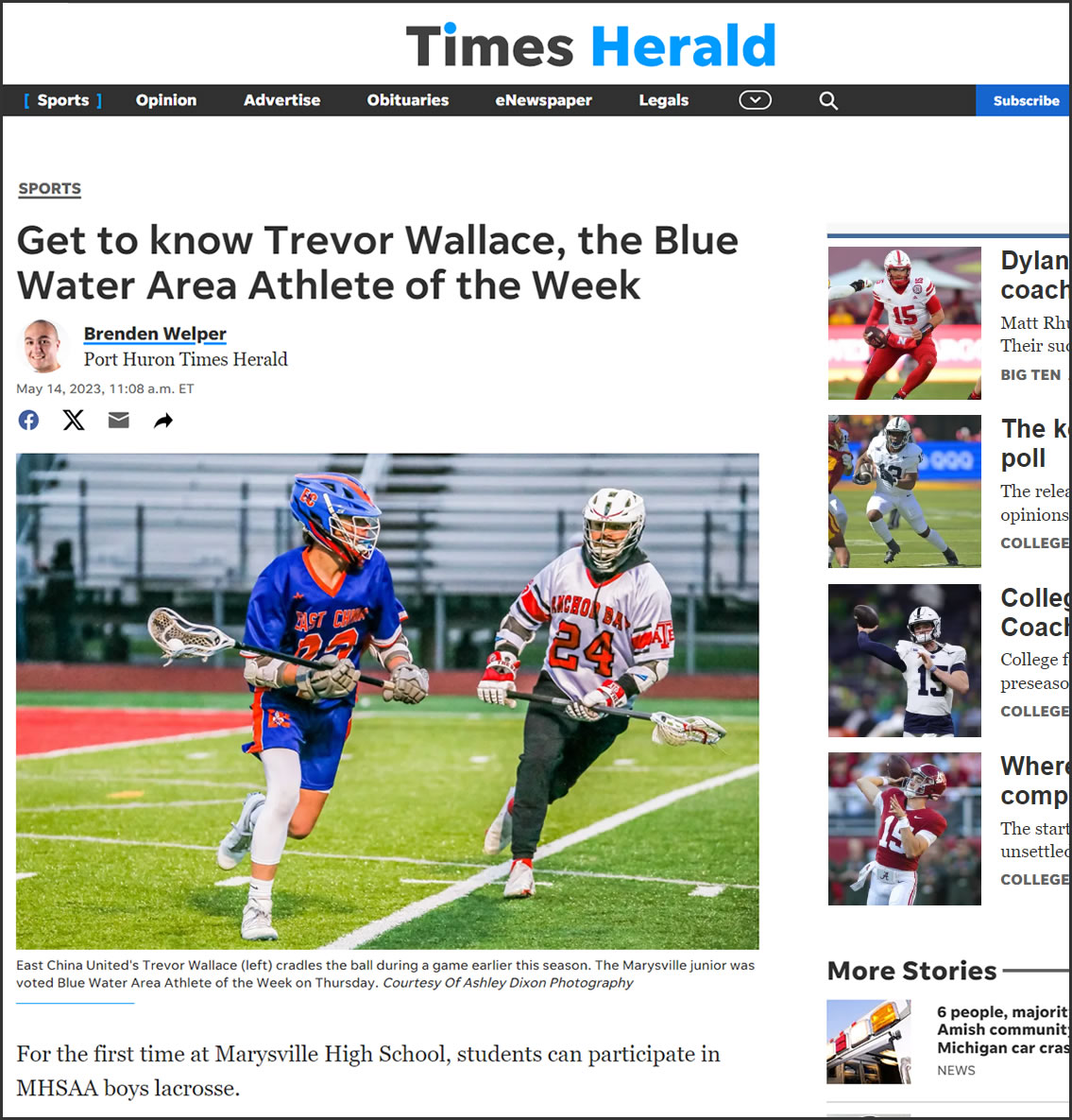 Times Herald - Trevor Wallace Lacrosse Athlete of the Week